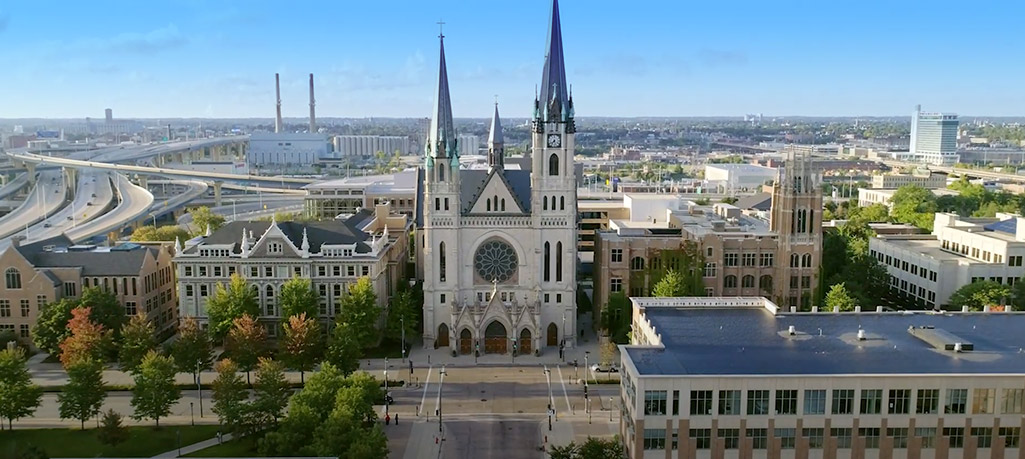 Aerial view of campus centered by the Gesu Church